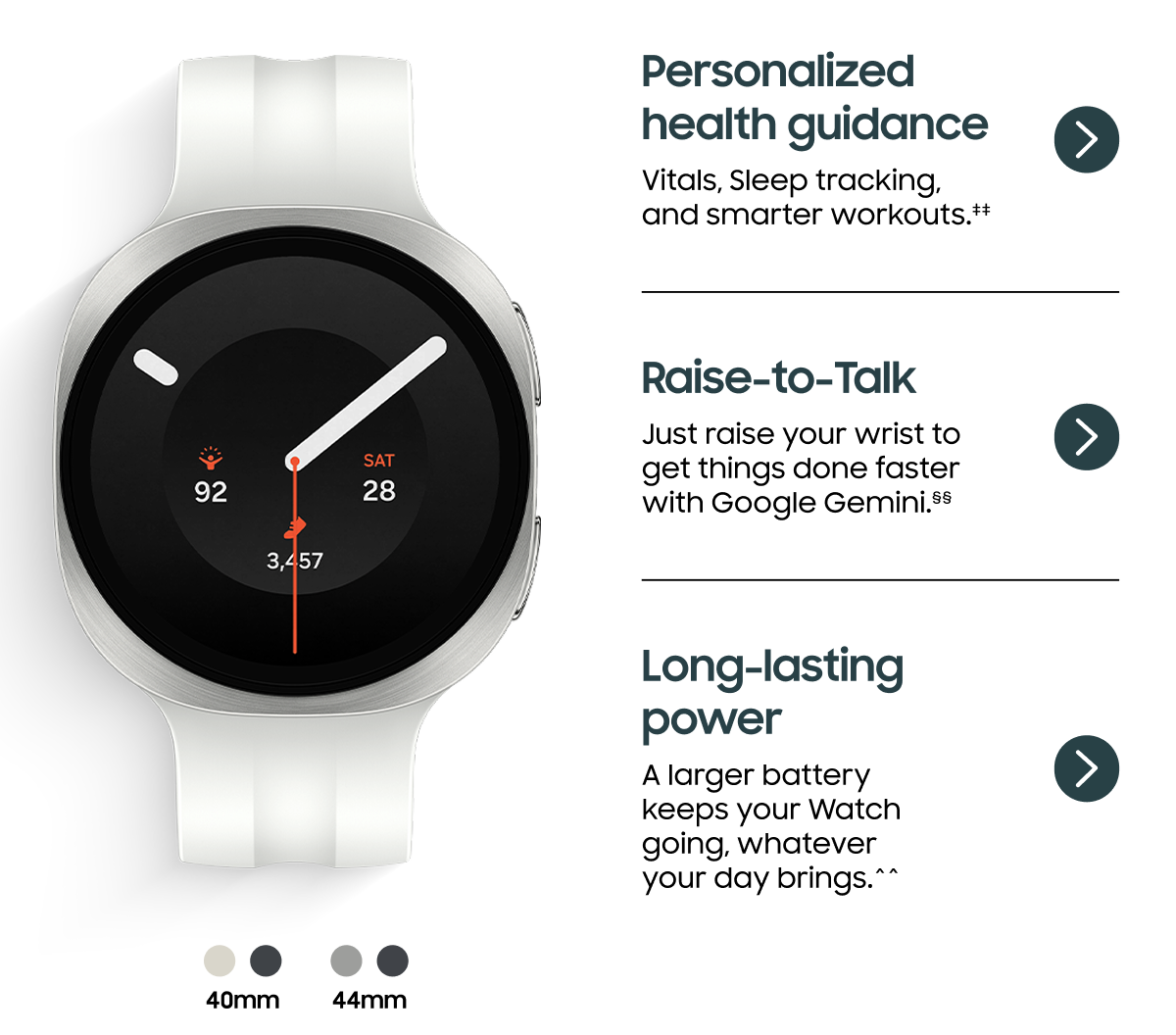 Features: Personalized health guidance, Raise-to-Talk, Long-lasting power