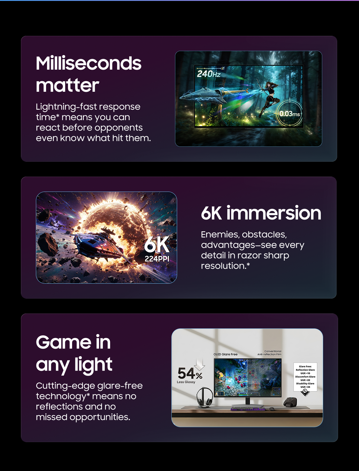 Milliseconds matter
Lightning-fast response time* means you can react before opponents even know what hit them.
6K immersion
Enemies, obstacles, advantages—see every detail in razor sharp resolution.*
Game in any light
Cutting-edge glare-free technology* means no reflections and no missed opportunities.